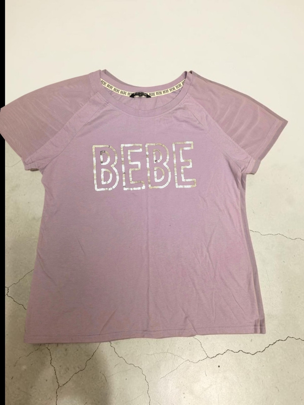 Bebe Sport Pink Sequin Logo Tee Shirt Mesh Raglan Sleeve Top Women's Large